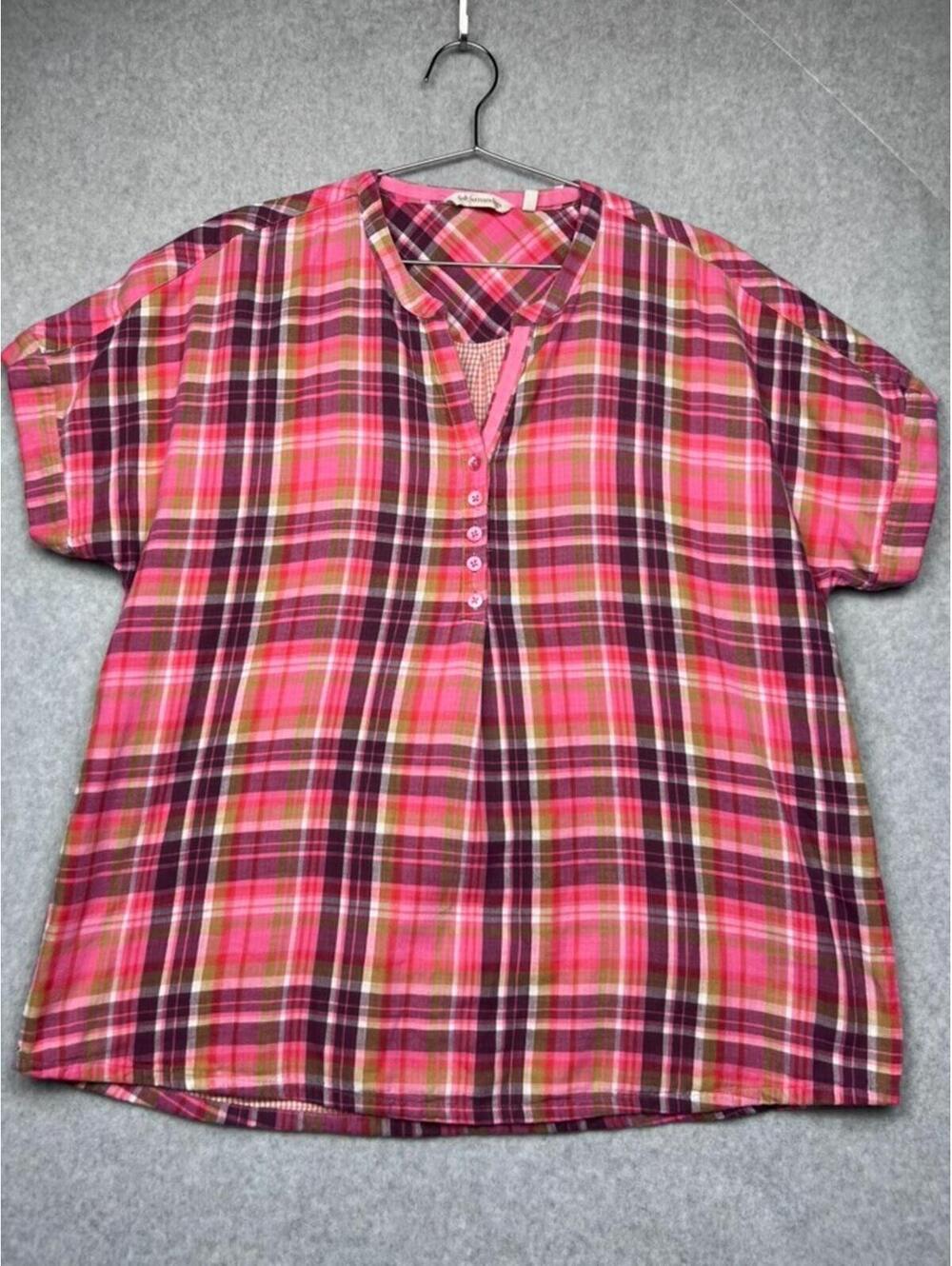 Soft Surroundings Plaid Henley Top L Pink Gauze Cotton Popover Short Sleeve Shir